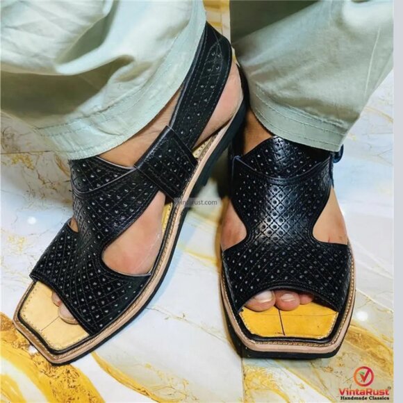 Black Leather Tribal Peshawari Chappal: Traditional Handmade Men’s Footwear main image 5